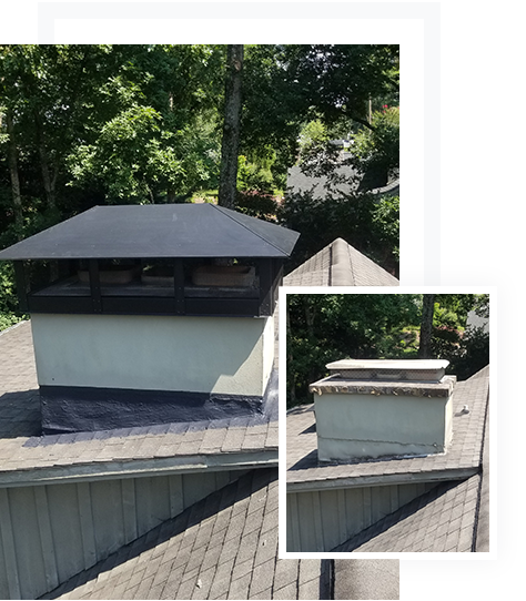 Two pictures of a roof with a chimney and a chimney cap showcasing chimney services.